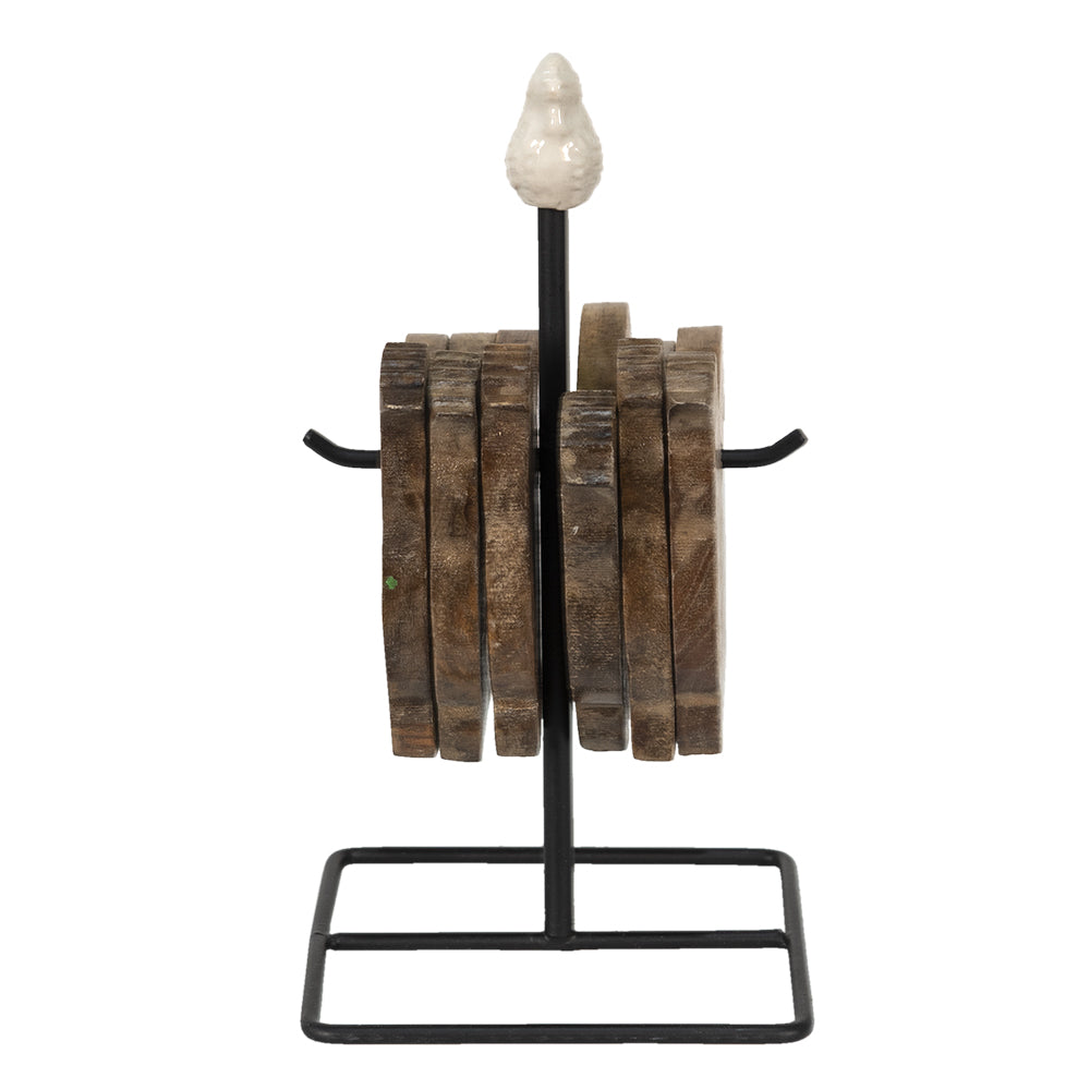 Set de 6 sous-verres poule en bois avec support – Brun