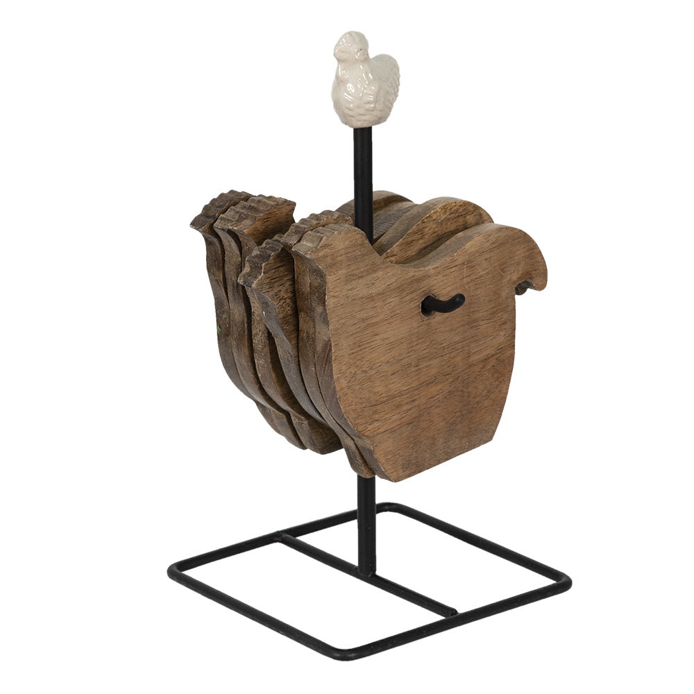 Set de 6 sous-verres poule en bois avec support – Brun