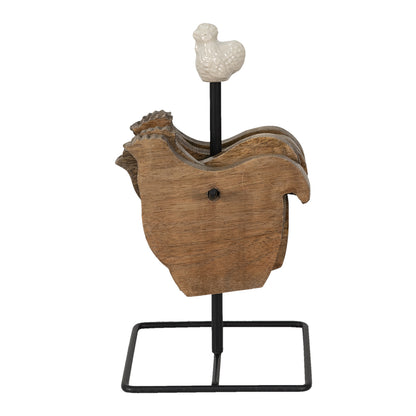Set de 6 sous-verres poule en bois avec support – Brun