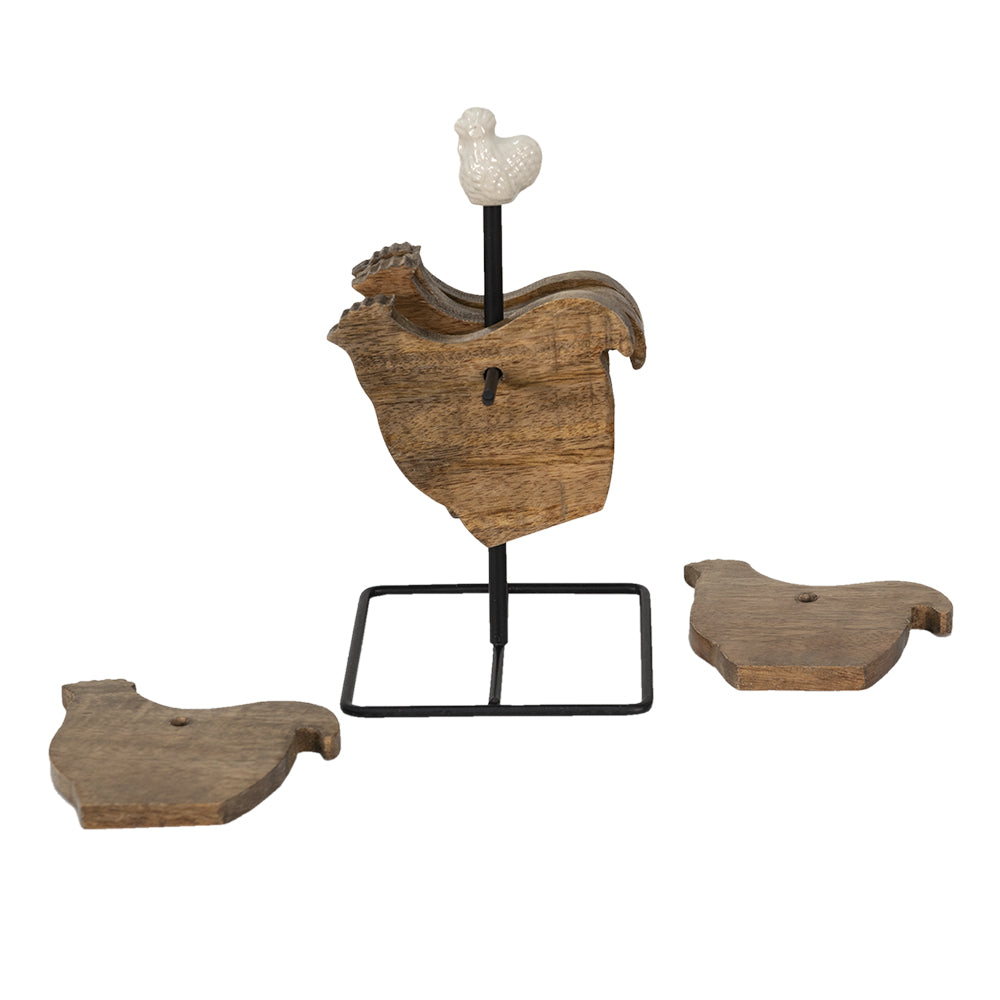 Set de 6 sous-verres poule en bois avec support – Brun